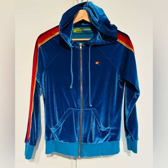 Aviator Nation Tops - Aviator Nation 🌊 XS Classic Velvet Zip Blue Hoodie with Signature Rainbow 🌈